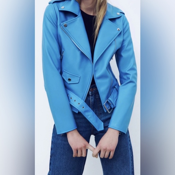 BNWT  Zara Faux Leather Blue Moto Jacket - Size Small - Picture 9 of 9